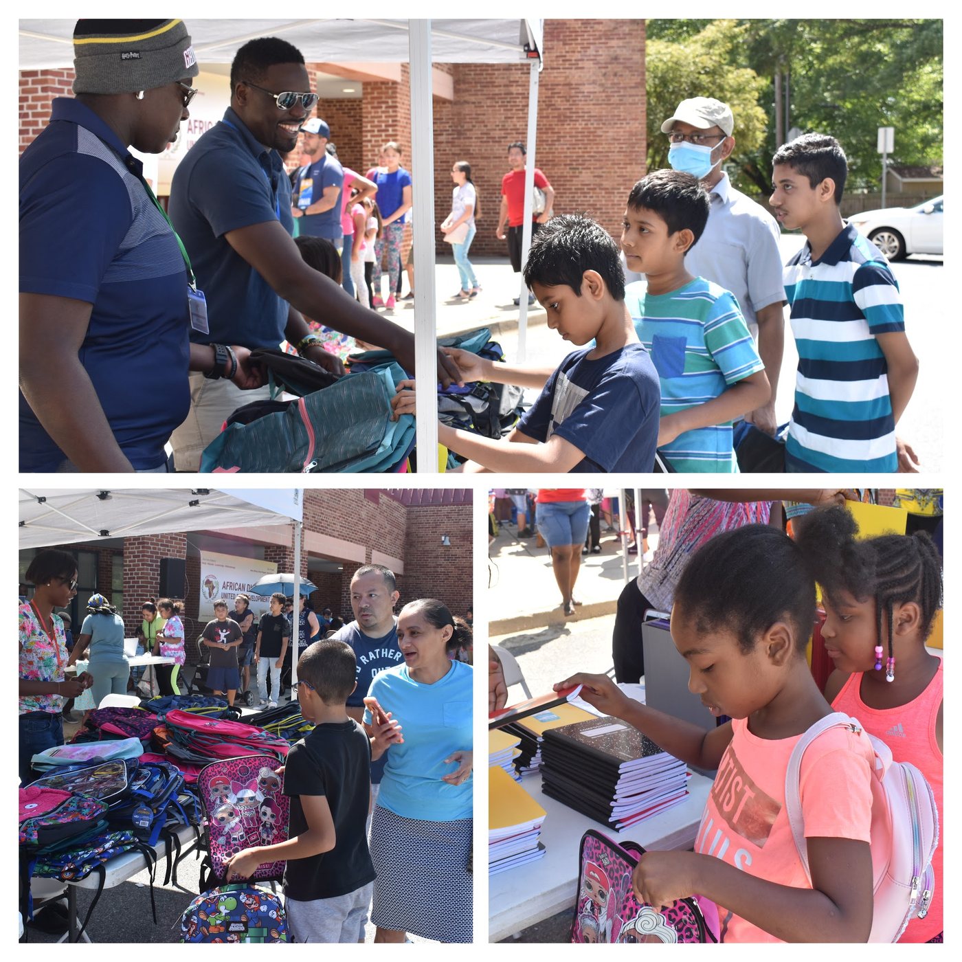 Collage of ADUD volunteers, children, families, backpacks and school supplies